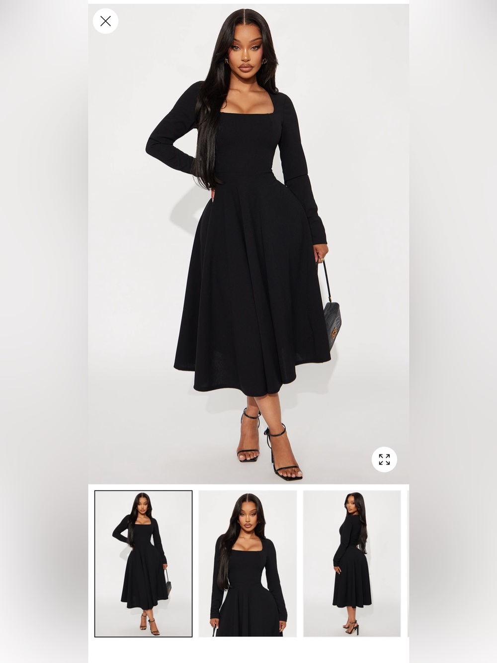 Fashion Nova Black Long-Sleeve Square Neck Fit & Flare Dress